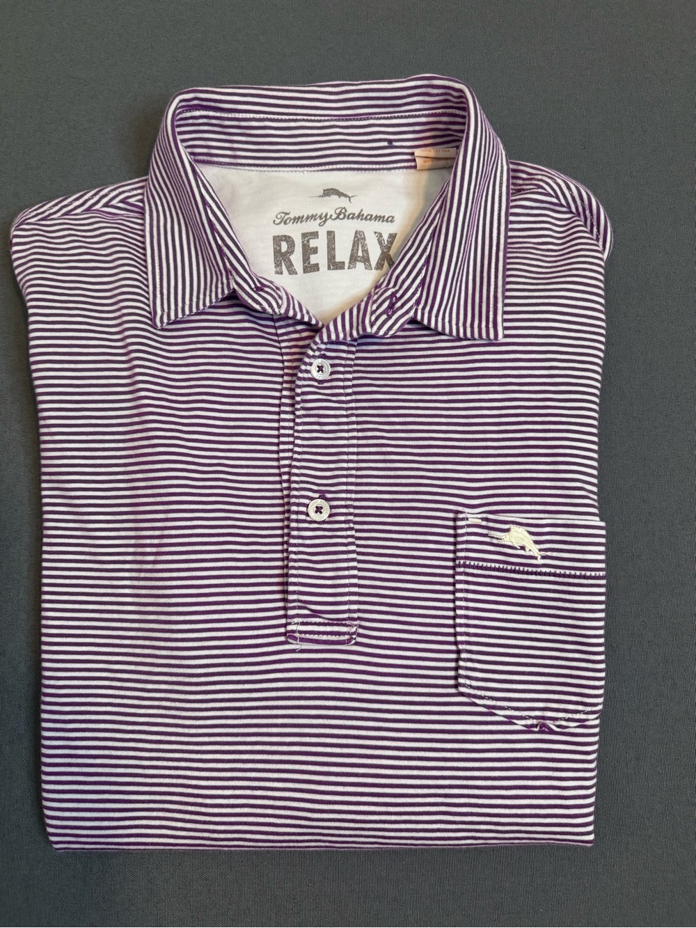 Tommy Bahama Men's Relax Fit Polo Shirt Purple & White Striped 100% Cotton Med